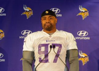 Everson Griffen during a Minnesota Vikings training and press conference in 2017.