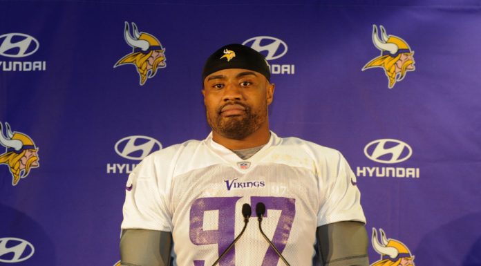 Everson Griffen during a Minnesota Vikings training and press conference in 2017.