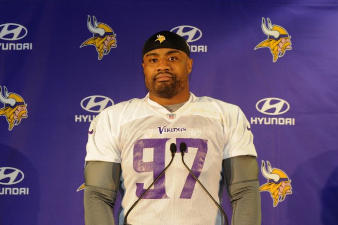 Everson Griffen during a Minnesota Vikings training and press conference in 2017.
