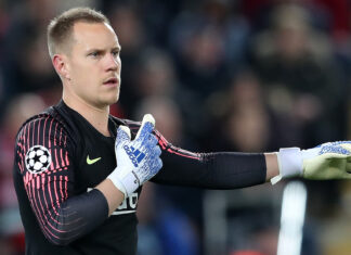 FC Barcelona goalkeeper Marc-Andre ter Stegen in a Liverpool v Barcelona game in 2019