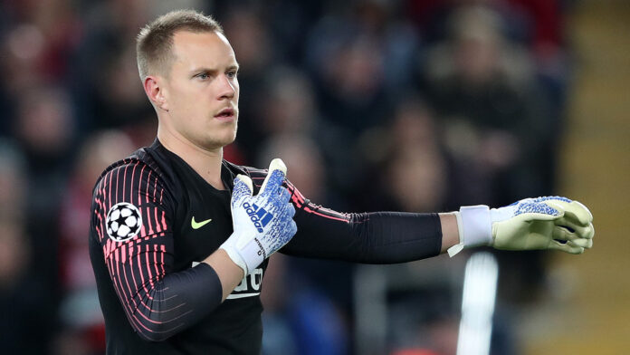 FC Barcelona goalkeeper Marc-Andre ter Stegen in a Liverpool v Barcelona game in 2019