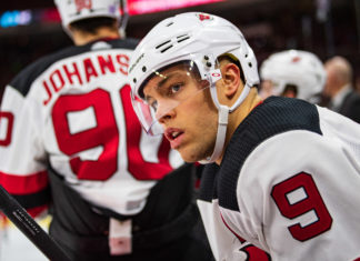 Taylor Hall (9) with the Devils in 2018