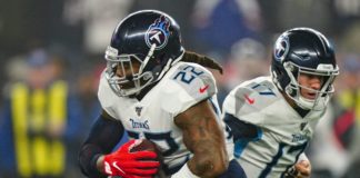 Running back Derrick Henry (22) with the Tennessee Titans