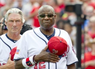 Dusty Baker (12) during his time managing the Washington Nationals in 2017