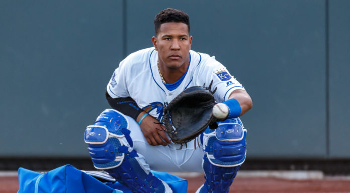 Kansas City Royals catcher Salvador Perez during a Memphis vs Omaha game in 2018.
