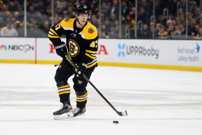 Torey Krug #47 with the Boston Bruins in 2020.