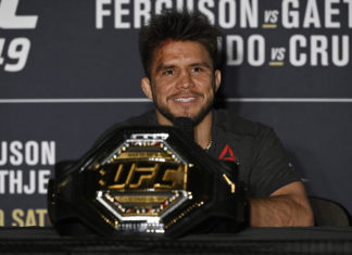 Henry Cejudo of the United States speaks to the media after his bantamweight title fight against Dominick Cruz of the United States in 2020