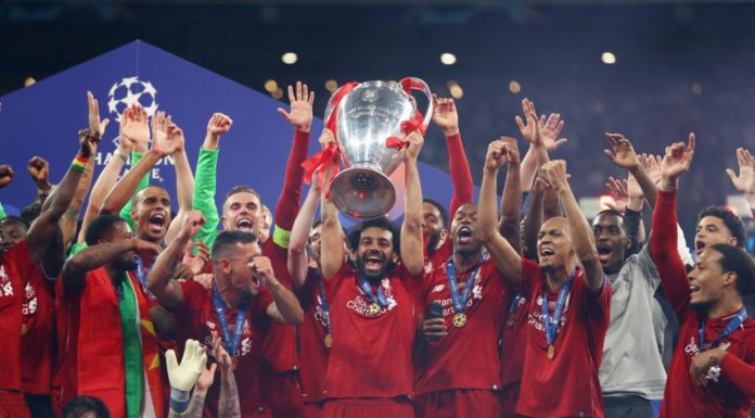 UEFA Considers Resuming Champions League and Europa League Mohamed Salah of Liverpool celebrates with the Champions League Trophy in 2019