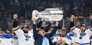 Craig Berube with the Blues lifting the Stanley Cup in 2019