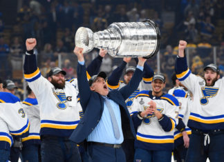 Craig Berube with the Blues lifting the Stanley Cup in 2019