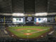 Players line up for opening day introductions for Major League Baseball game between the Milwaukee Brewers and the Chicago White Sox