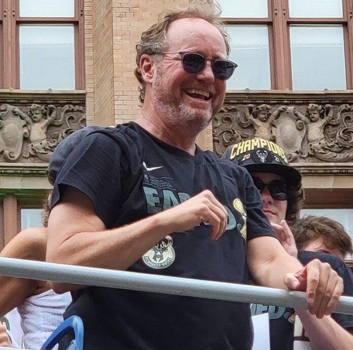 Milwaukee Bucks head coach Mike Budenholzer at the 2021 championship parade in 2021.
