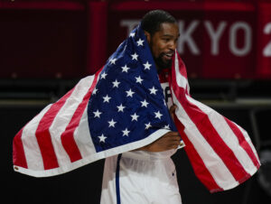Kevin Durant celebrates winning Men's Gold Medal at the Tokyo Olympic Games in August.