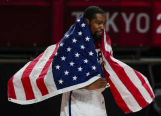 Kevin Durant celebrates winning Men's Gold Medal at the Tokyo Olympic Games in August.