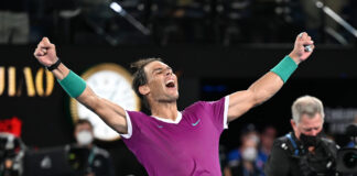 Rafael Nadal celebrates after defeating Daniil Medvedev in the Men's Singles Final match, Australian Open in Melbourne, Australia in January 2022.