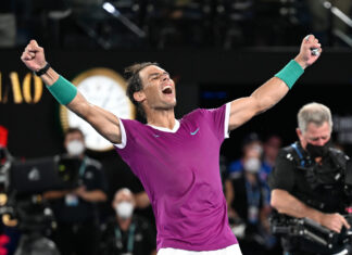 Rafael Nadal celebrates after defeating Daniil Medvedev in the Men's Singles Final match, Australian Open in Melbourne, Australia in January 2022.