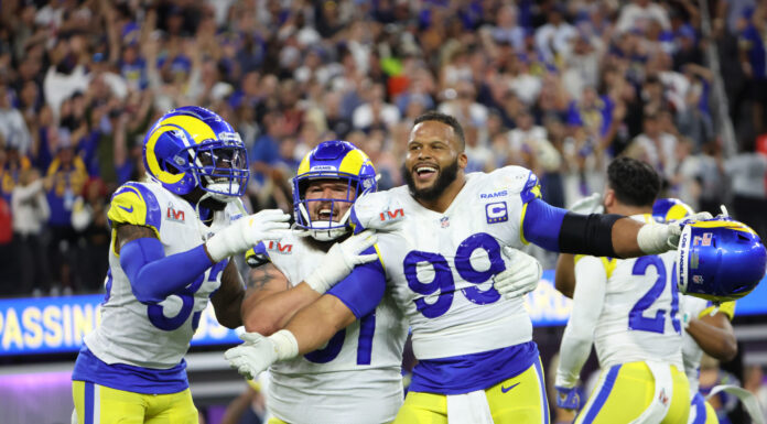 Los Angeles Rams defensive end Aaron Donald (99) celebrates win at Super Bowl LVI.