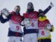 Alexander Hall, silver medalist Nicholas Goepper, and bronze medalist Jesper Tjader of Sweden after the Men's Freestyle Skiing Slopestyle finals at the 2022 Beijing Winter Olympics.