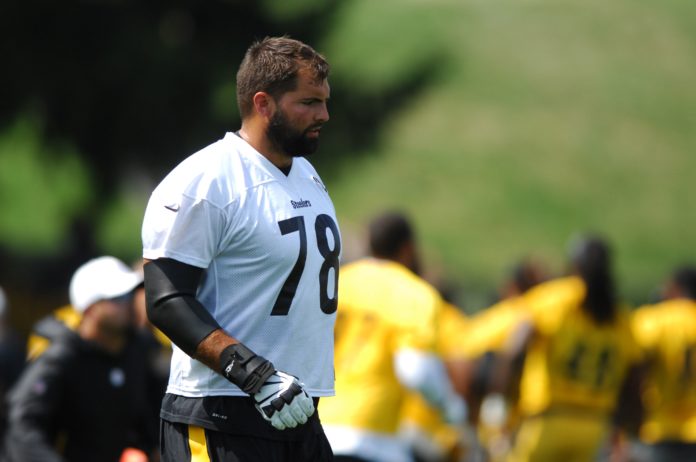 Alejandro Villanueva during the Pittsburgh Steelers training camp at Saint Vincent College in Latrobe, PA in 2019.