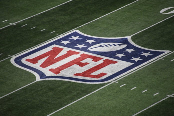 The NFL logo presented during Super Bowl LIII between the New England Patriots and the Los Angeles Rams at Mercedes-Benz Stadium in Atlanta in 2019