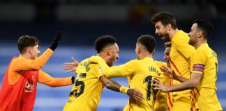 Pierre-Emerick Aubameyang of Barcelona celebrates after scoring during the La Liga Santander match between Real Madrid CF and FC Barcelona in March 2022