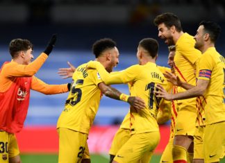 Pierre-Emerick Aubameyang of Barcelona celebrates after scoring during the La Liga Santander match between Real Madrid CF and FC Barcelona in March 2022