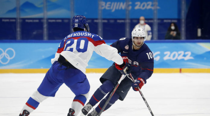 Seattle Kraken Sign Top Prospect Matty Beniers to an Entry-Level Contract Team United States forward Matty Beniers (10) and Team Slovakia forward Juraj Slafkovsky (20) during the Beijing 2022 Olympic Winter Games