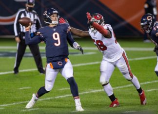Bears Quarterback #9 Nick Foles and Buccaneers #58 Shaquil Barrett during a game between the Tampa Bay Buccaneers and Chicago Bears in 2020