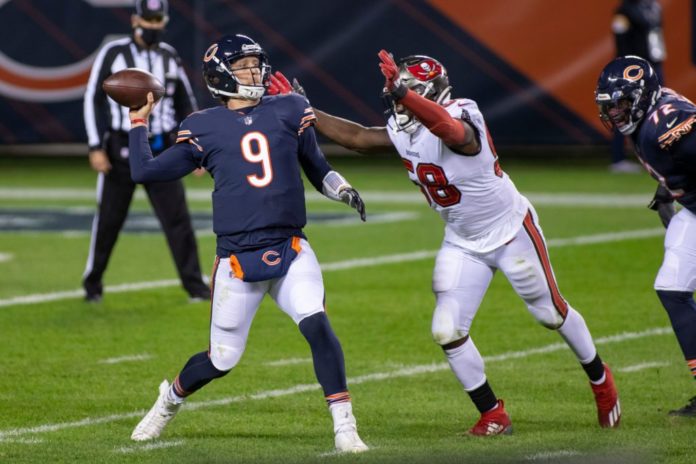 Bears Quarterback #9 Nick Foles and Buccaneers #58 Shaquil Barrett during a game between the Tampa Bay Buccaneers and Chicago Bears in 2020