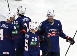 Seth Jones, Jaycob Megna, Karson Kuhlman, and Austin Watson of Team USA in May 2022