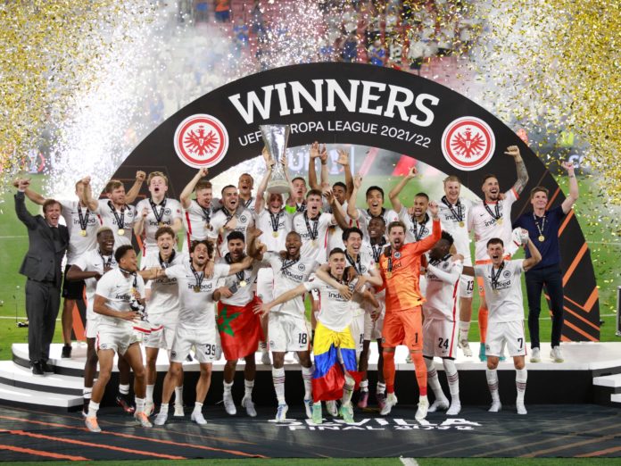 Eintracht Frankfurt players celebrating their Europa League win in May 2022