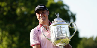 Justin Thomas holds the championship trophy after the final round of the PGA Championship in May 2022