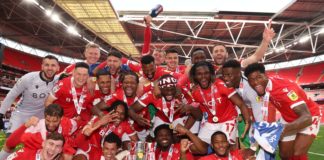 Nottingham Forest celebrate a promotion to the Premiere League in May 2022