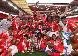 Nottingham Forest celebrate a promotion to the Premiere League in May 2022