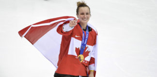 Canada's Marie-Philip Poulin celebrates after defeating the United States to win the women's gold medal ice hockey game at the Sochi 2014 Winter Olympics