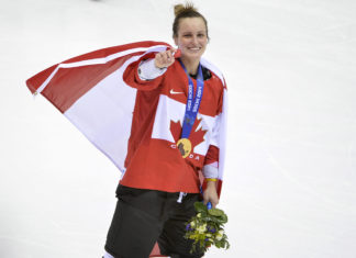 Canada's Marie-Philip Poulin celebrates after defeating the United States to win the women's gold medal ice hockey game at the Sochi 2014 Winter Olympics