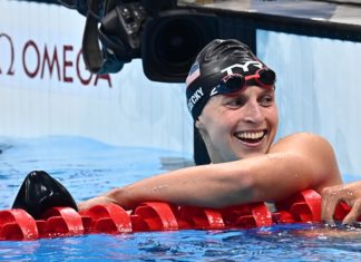 Katie Ledecky celebrating in 2021