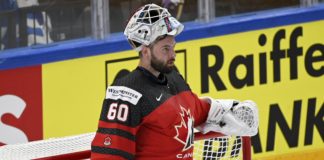Goalkeeper Chris Driedger of Canada during the 2022 IIHF Ice Hockey World Championships semi-final match in May 2022