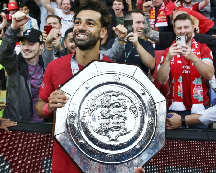 Mohamed Salah of Liverpool celebrates with the Community Shield in July 2022