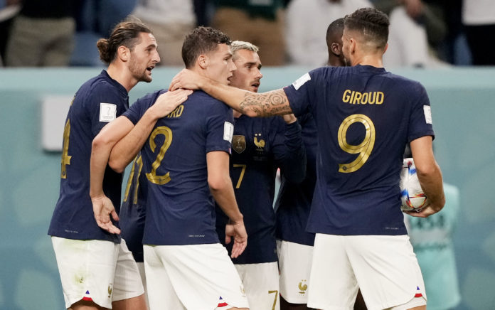 Adrien Rabiot of France celebrates scoring his sides first goal in France v Australia at the FIFA World Cup in November 2022