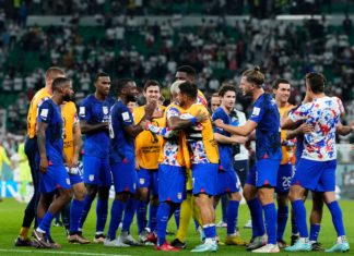 USA players celebrate victory after the FIFA World Cup Qatar 2022 Group B match between IR Iran and USA in November 2022