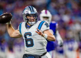 Carolina Panthers quarterback Baker Mayfield in August 2022
