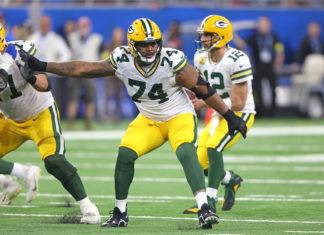 Green Bay Packers guard Elgton Jenkins (74) in November 2022