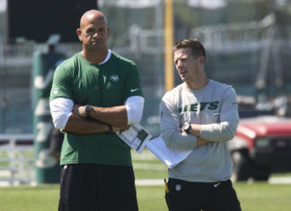 New York Jets' head coach Robert Saleh and offensive coordinator Mike LaFleur in August 2022
