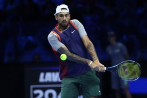 Nick Kyrgios of Australia controls the ball during the Round Robin Green Group double match between Thanasi Kokkinakis of Australia and Nick Kyrgios of Australia at Day Four of the Nitto ATP World Tour Finals in November 2022