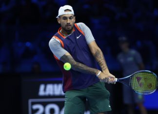 Nick Kyrgios of Australia controls the ball during the Round Robin Green Group double match between Thanasi Kokkinakis of Australia and Nick Kyrgios of Australia at Day Four of the Nitto ATP World Tour Finals in November 2022