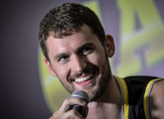 American NBA player Kevin Love answers questions from reporters during a press conference in 2014