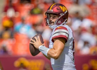 Washington Commanders quarterback Sam Howell in August 2022