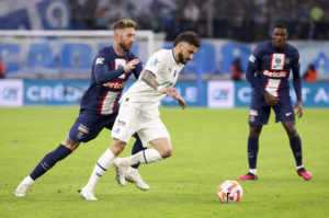 Jonathan Clauss of Marseille, Sergio Ramos of PSG (left) during the French Cup round of 16 football match between Olympique de Marseille (OM) and Paris Saint-Germain (PSG) in February 2023
