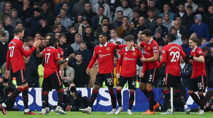 Manchester United's Alejandro Garnacho celebrates scoring with Harry Maguire, Marcus Rashford, Aaron Wan-Bissaka, Marcel Sabitzer, Fred Bruno, Fernandes and Wout Weghorst in February 2023